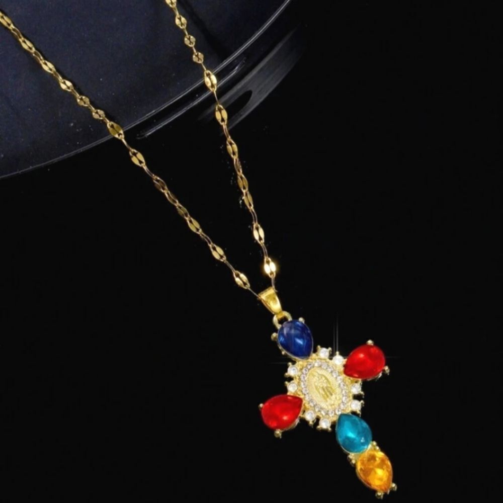 Gold Chain Necklace with Colorful Gemstone Pendant 15.74 inches